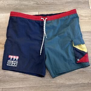 Vintage 90s TOMMY HILFIGER SAILING Swim Trunks Med Shorts Colorblock Patch Logo